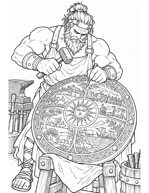 Coloring page of Hephaestus making the shield of Achilles