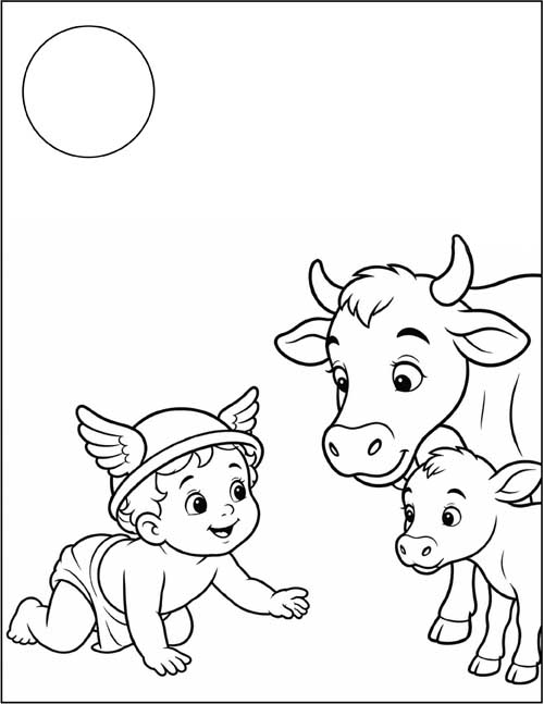 cartoon coloring page of baby Hermes stealing Apollo's cattle