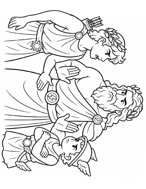 cartoon coloring page of Zeus scolding his sons Apollo and Hermes for fighting
