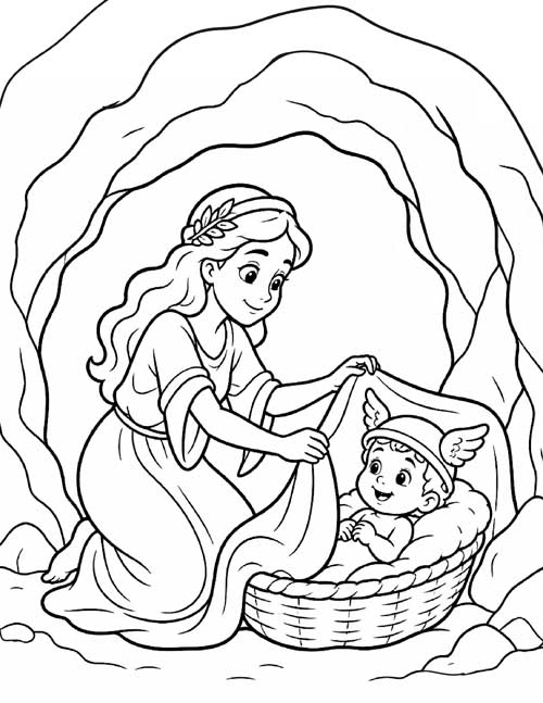 classic coloring page of Hermes mom Maia hiding baby Hermes in her cave