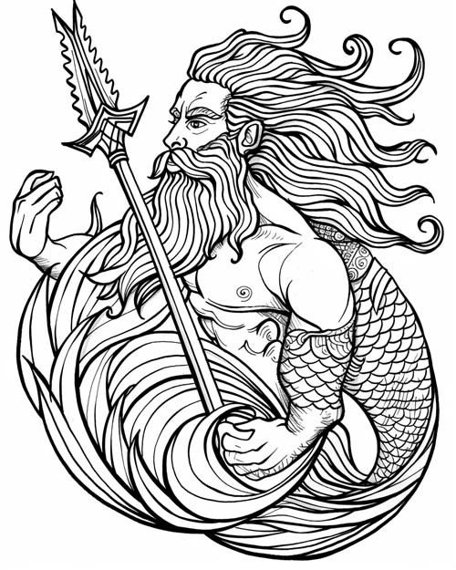 graphic coloring page of Poseidon