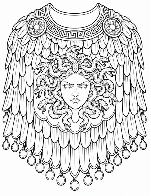Greek mythology coloring page of Athena's aegis, a cloak or shield