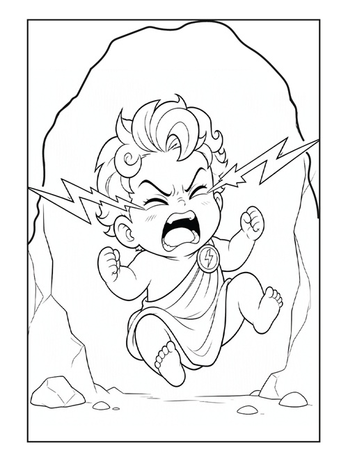 coloring page of baby Zeus having a stormy tantrum