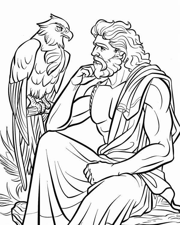 Zeus and an eagle coloring page