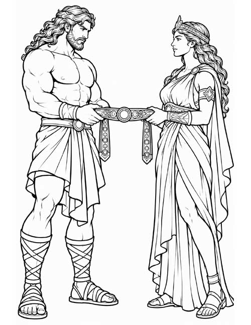 coloring page of Herakles and Hippolyte holding the belt between them