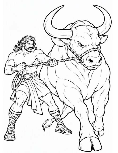 coloring page of Herakles with the Cretan Bull