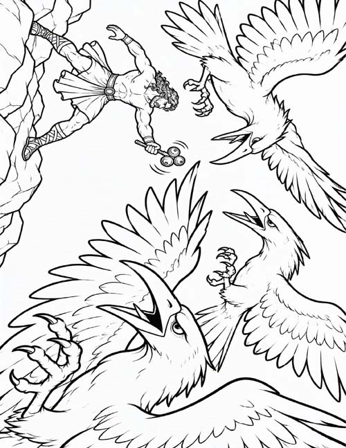 coloring page of Herakles fighting the Stymphalian birds