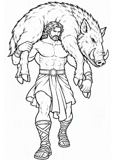 coloring page of Herakles carrying the Erymanthian boar