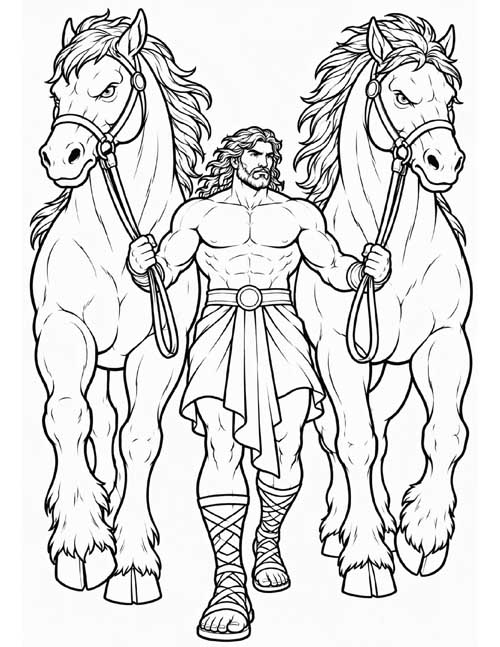 coloring page of Herakles with the mares of Diomedes