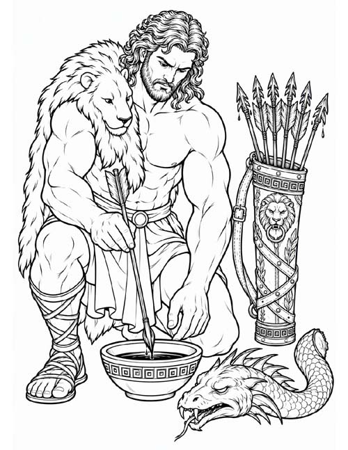 coloring page of Herakles making his poison arrows