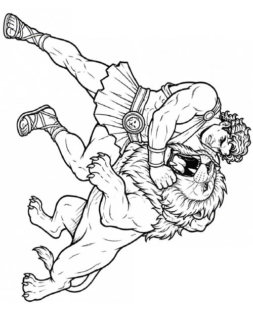 coloring page of Hercules grappling with the Nemean lion