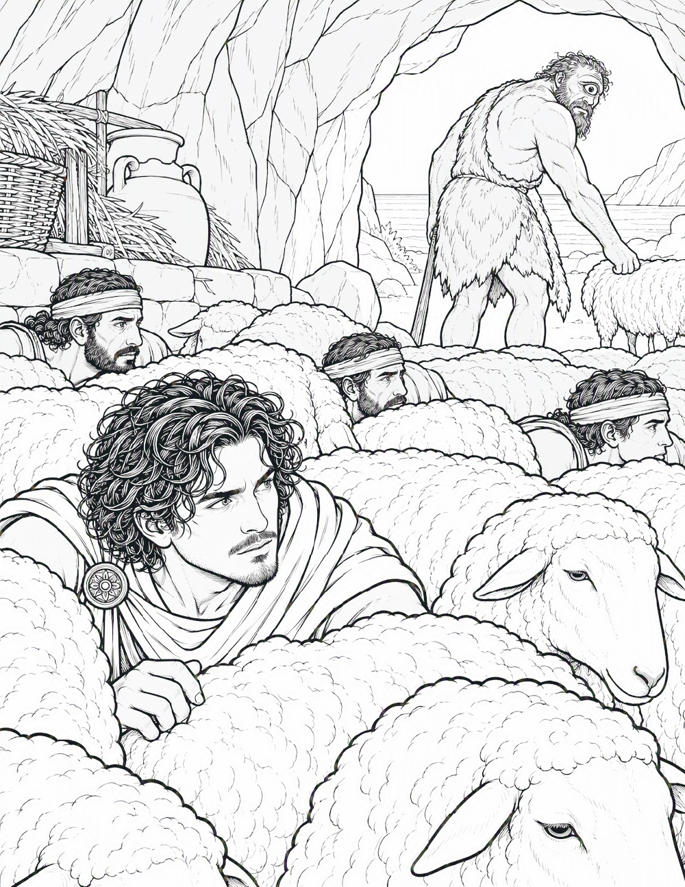 coloring page of Odysseus and his men hiding in Cyclops' herd of sheep