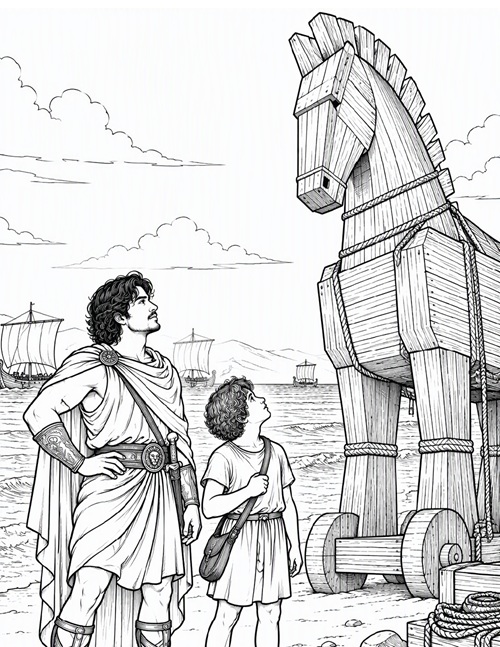 Odysseus and the Trojan horse coloring page