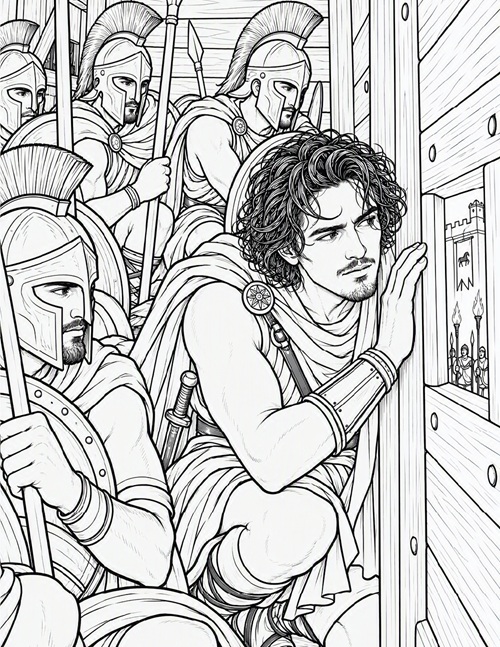 coloring page of Odysseus and his men hiding inside the Trojan Horse