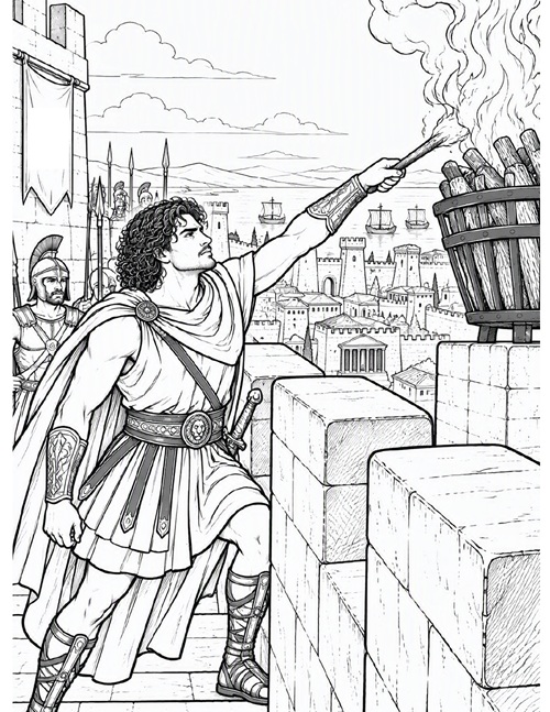 coloring page of Odysseus opens the gates of Troy and lets in the Greek army