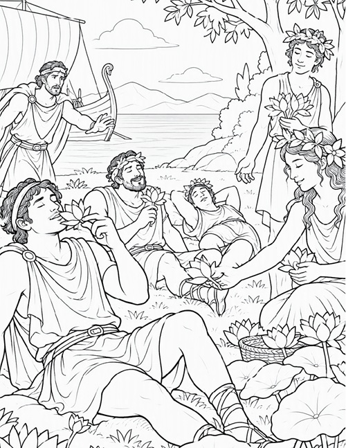 coloring page of Odysseus' men and the Lotus Eaters