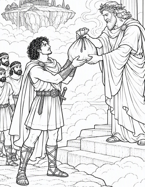 coloring page of Aeolus giving Odysseus a bag of winds