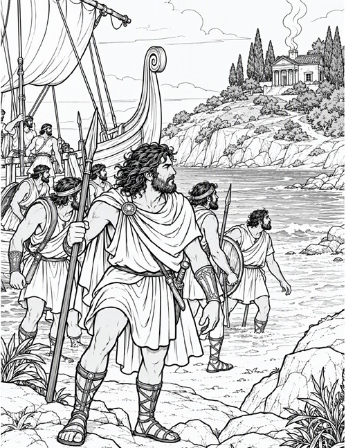 coloring page of Odysseus arriving on circe's island