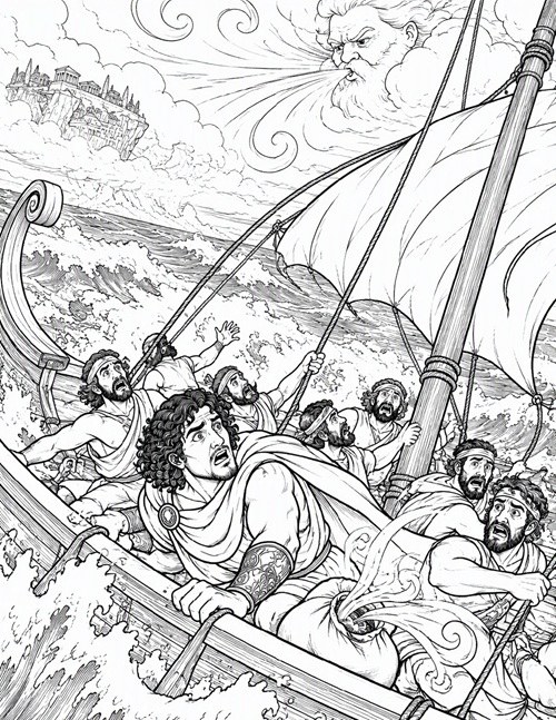 coloring page of Odysseus blown off course by the wind