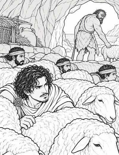 Coloring page of Odysseus and his men escaping among the Cyclops' sheep