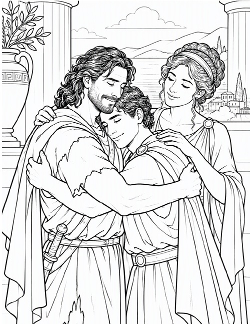 coloring page of Odysseus and his family
