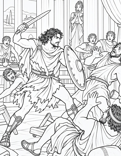 coloring page of Odysseus fights the suitors invading his kingdom