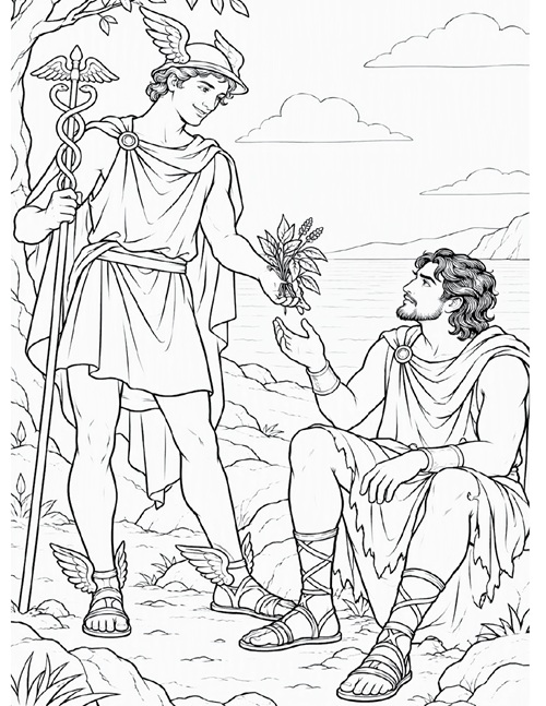 coloring page of Hermes giving Odysseus a protective herb