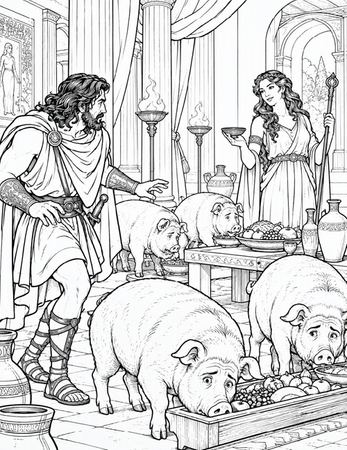 coloring page of Circe turning Odysseus' men to pigs