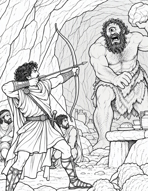 coloring page of Odysseus pointing his bow at Cyclops