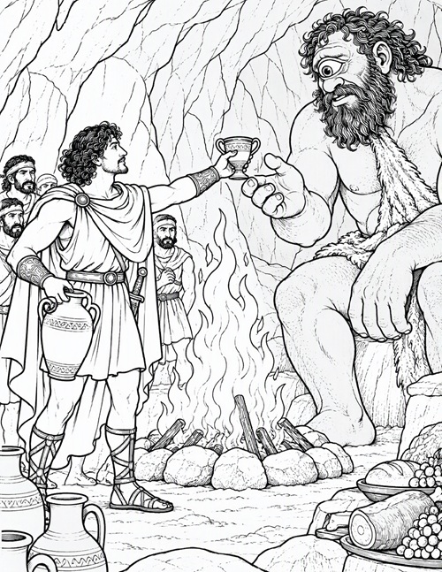 coloring page of Odysseus giving wine to the Cyclops