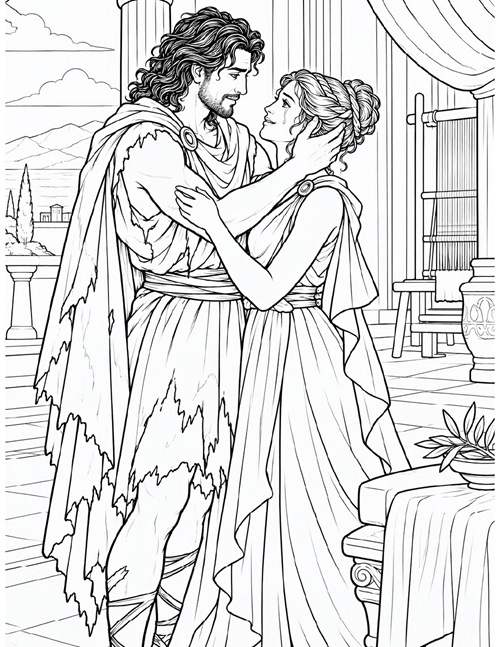 coloring page of Odysseus and Penelope reunited