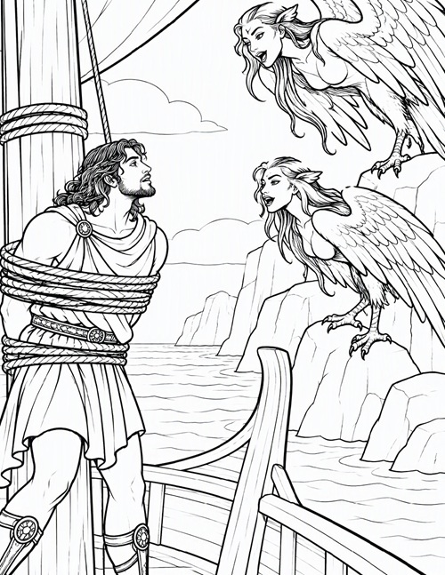 coloring page of Odysseus tied to the mast listening to the Sirens