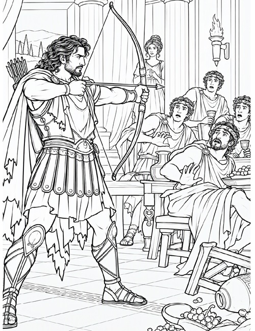 coloring page of Odysseus stringing his bow