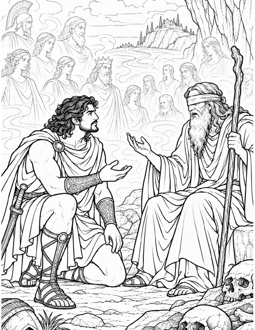 coloring page of Odysseus speaking to the blind prophet Tiresias