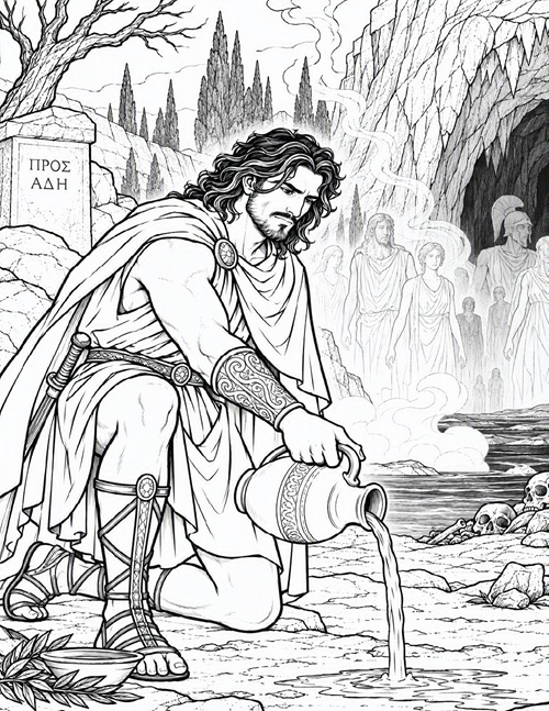coloring page of Odysseus leaving an offering at the entrance to the underworld