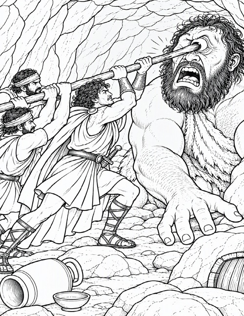 coloring page of Odysseus and his men wound Cyclops