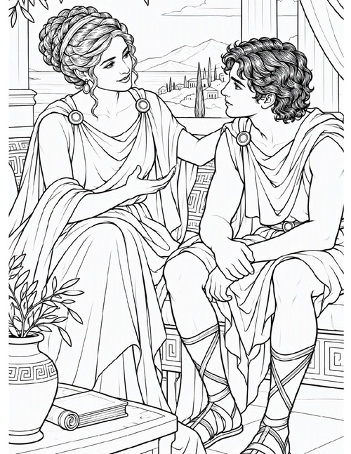 coloring page of Penelope and Telemachus