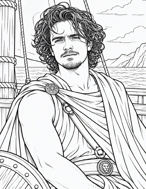 coloring page of a young Odysseus sailing off to adventure
