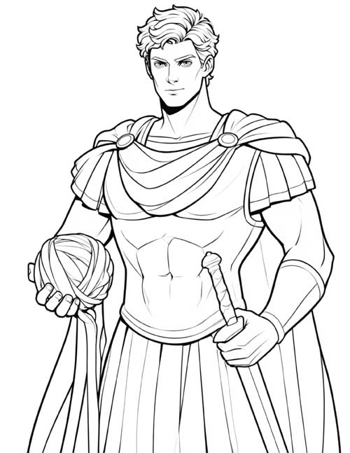 coloring page of Theseus with a ball of yarn