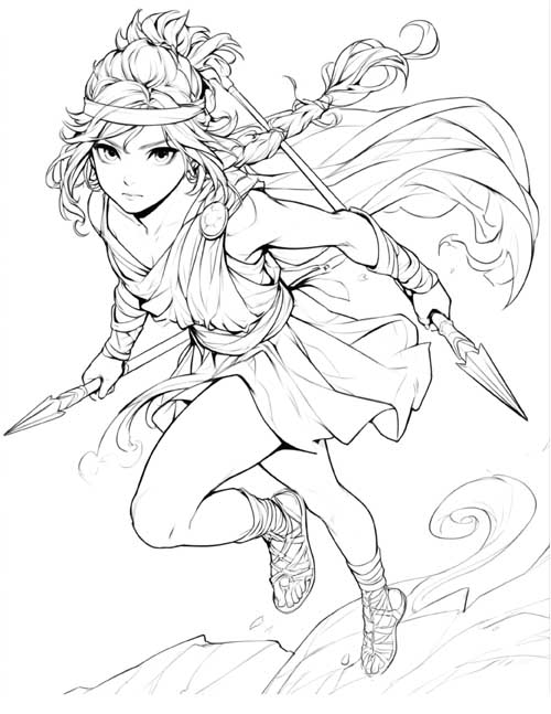 coloring page of Aella, the swift Amazon, running with a javelin in each hand