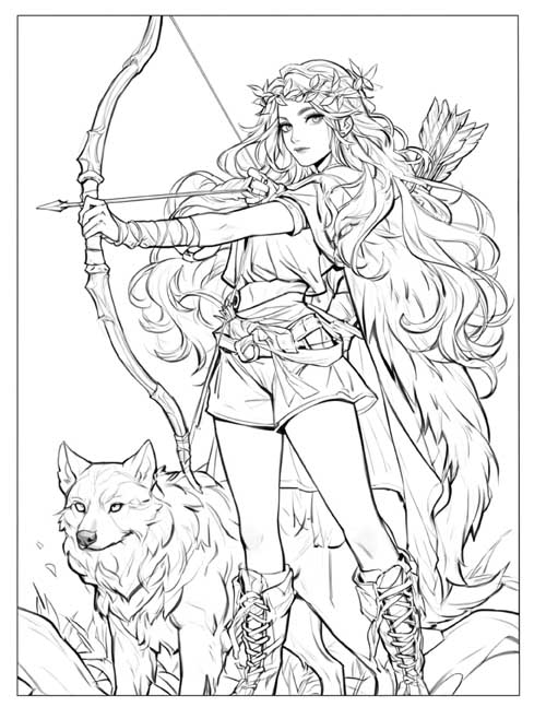 coloring page of Alcippe the huntress with her bow and her dog