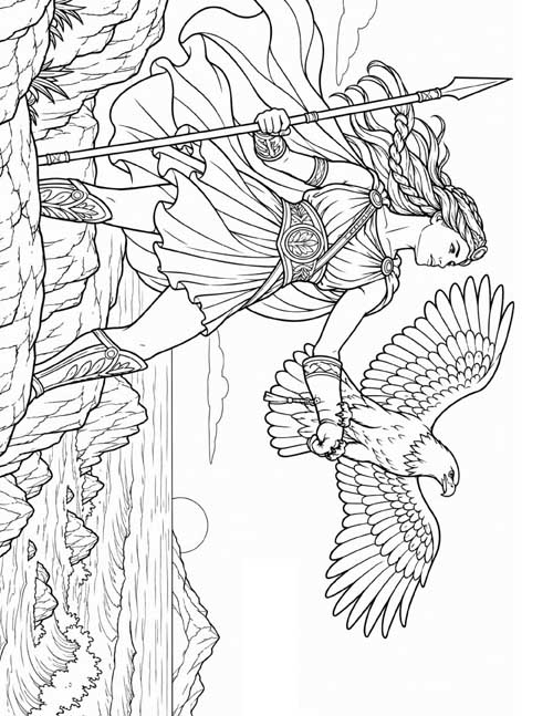 coloring page of an Amazon trainee with her eagle