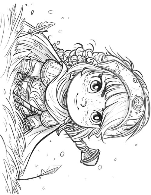 chibi style coloring page of an Amazon sneaking through the tall grass