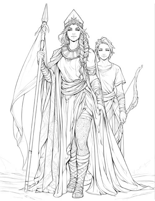 coloring page of Marpesia and Lampedo walking together with a long banner