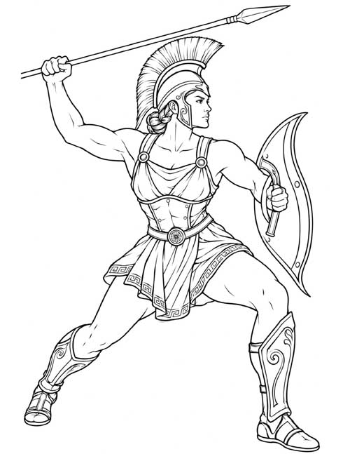 coloring page of Molpadia in a crested helmet, javelin raised, holding a crescent-shaped shield