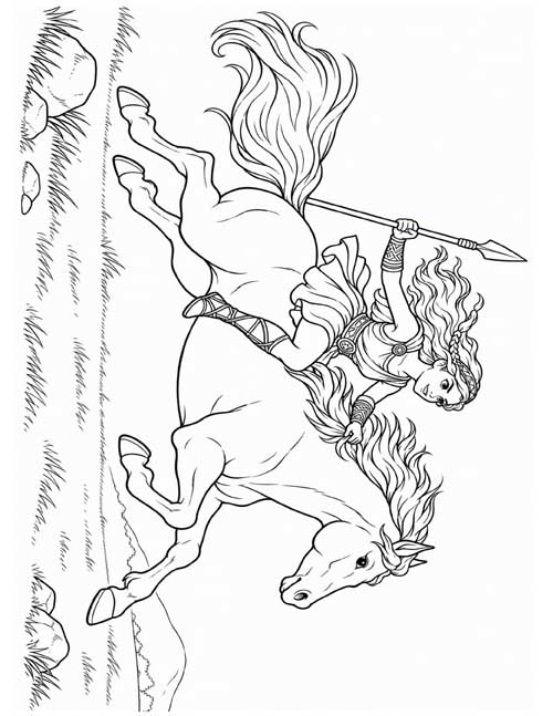coloring page of Penthesilea riding her horse at a gallop, holding a spear