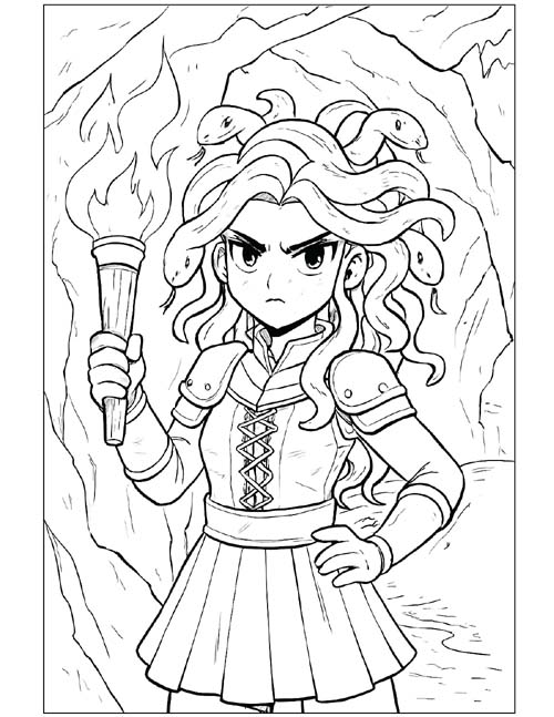 Greek mythology - anime coloring page of Medusa in a cave