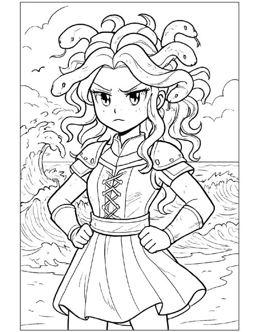 Greek mythology - anime coloring page of Medusa by the sea