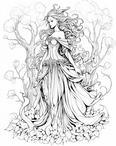 Dryad protecting her tree coloring page