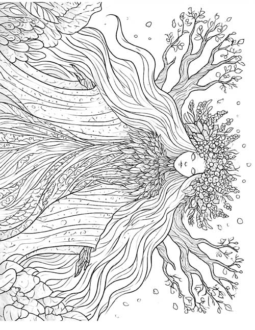 detailed pen and ink sketch coloring page of a dryad in front of her tree